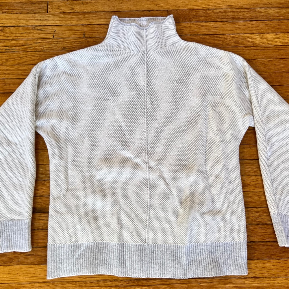 NEW Kinross Cashmere Plaited Thermal Funnel Neck Sweater Gris Ivory S $395
